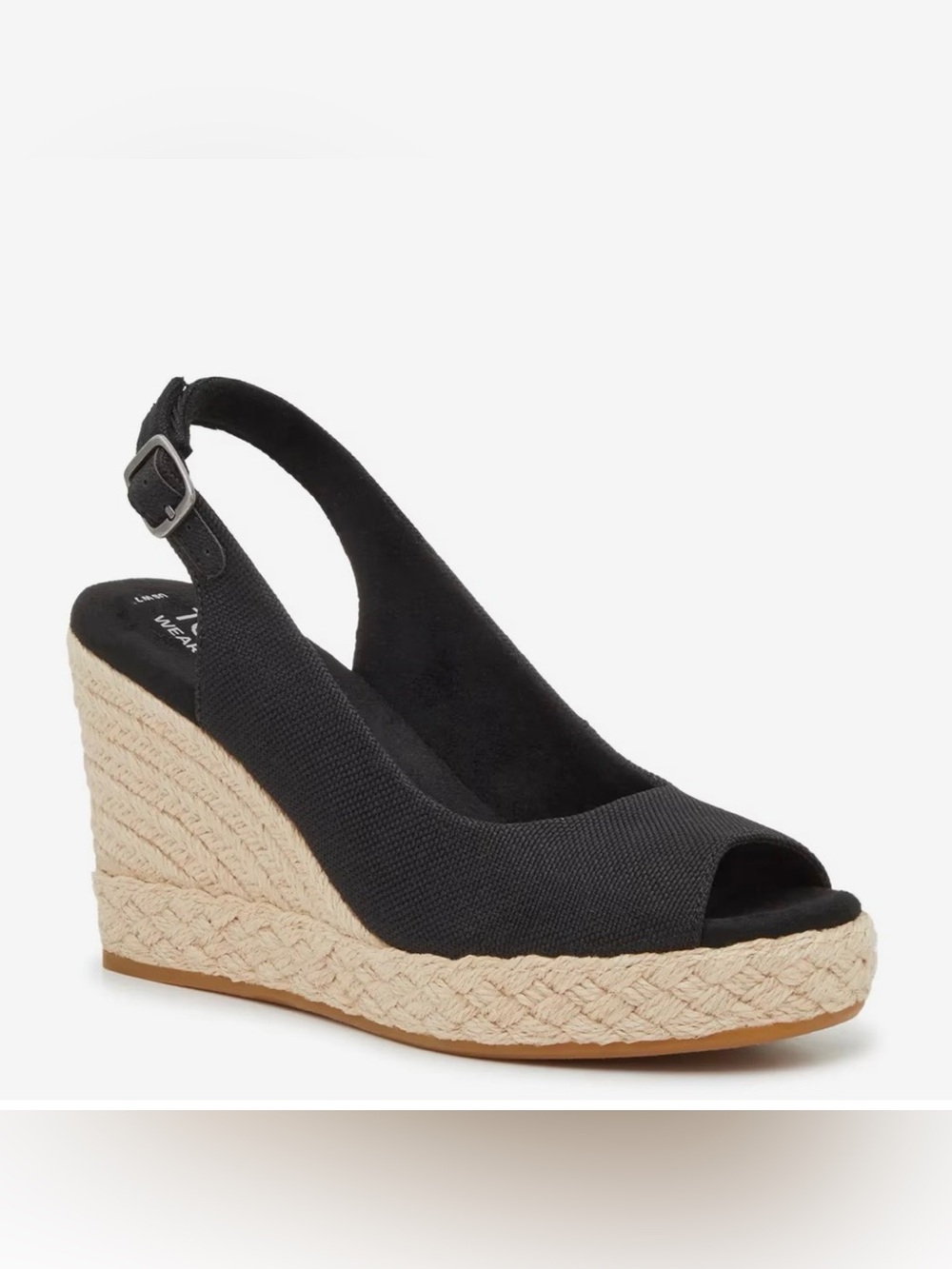 Toms Camilla Size 7.5 Espadrille Black Twill Canvas Slingback Wedge 3.75” Heels